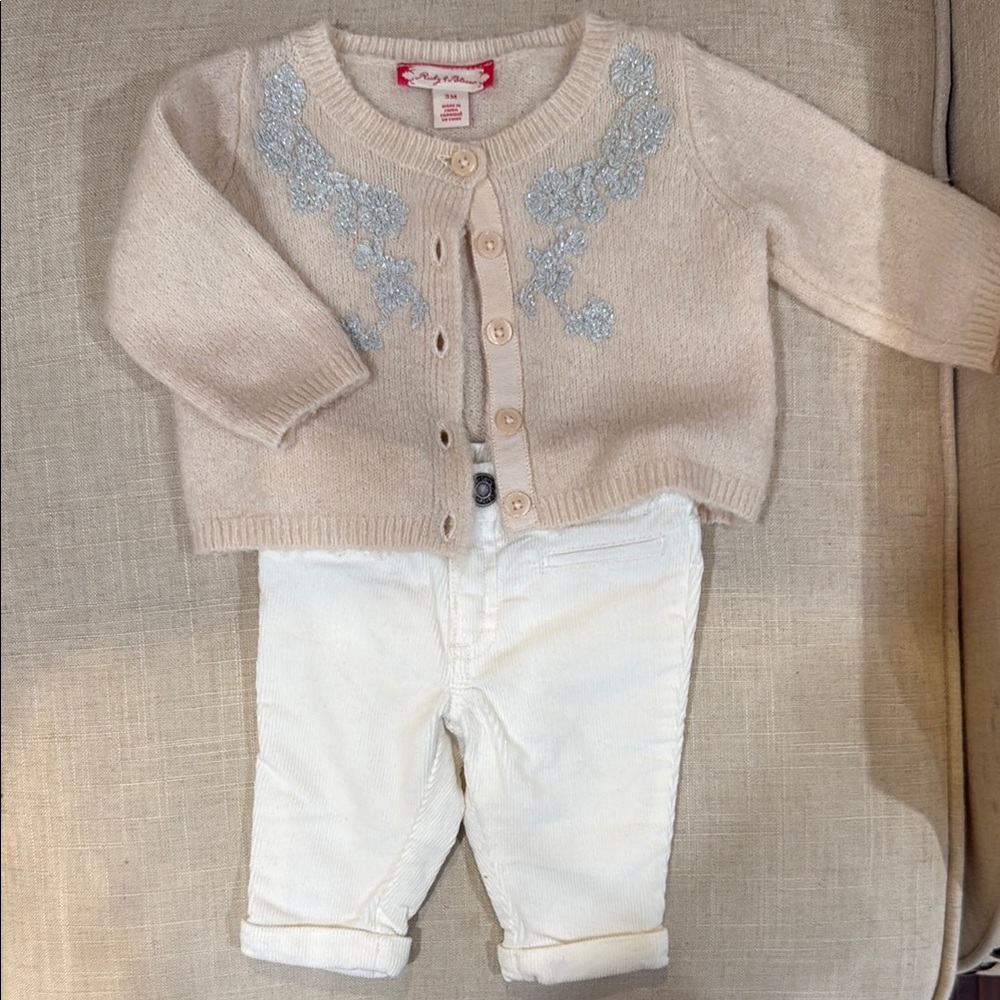 Ruby & Bloom Tan Sweater with White Knit Details & white corduroy pant